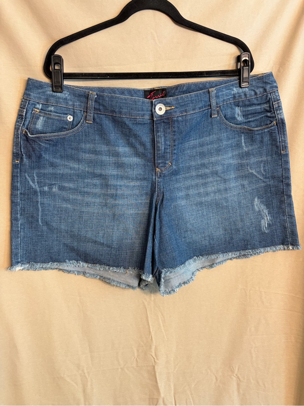 Torrid Medium Blue Frayed Hem Lightly Distressed Denim Shorts